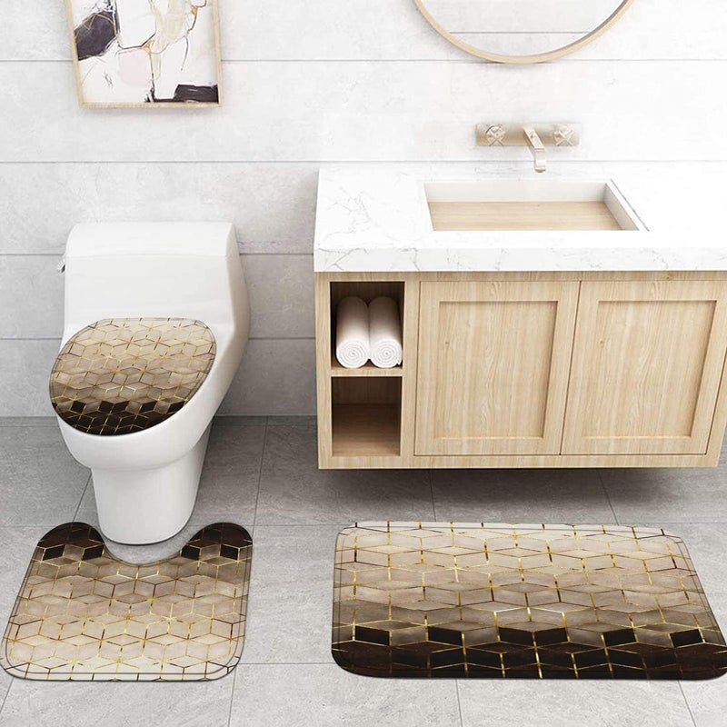LQCOOL 4Pcs Brown Gradient Shower Curtain Set, Modern Geometric Shower Curtain Set Golden Cubic Lines Bathroom Set Texture Art Bath Accessories with Mats - Image 5